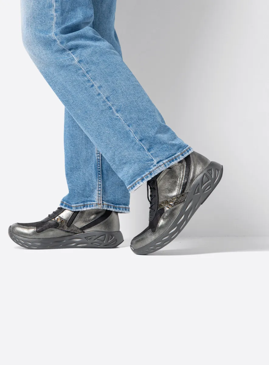 Wolky Hohe Schnürschuhe 05708 Zest S2F 90202 Leder Stretch metallic quecksilbergrau