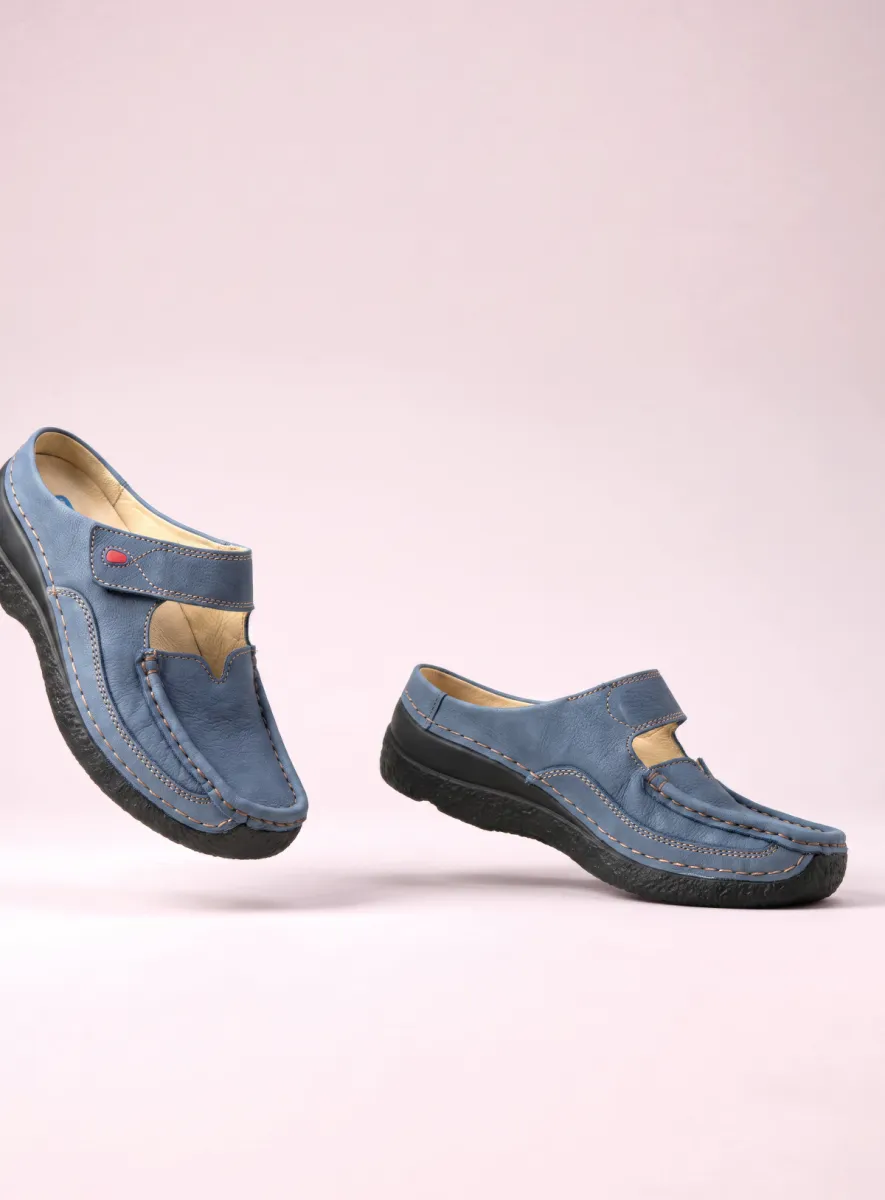 Wolky Roll Slipper - Nubukleder jeansblau Clogs für damen