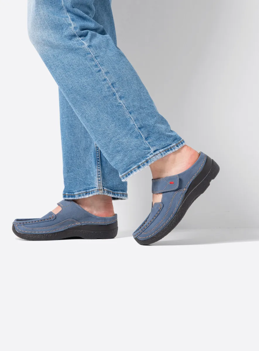 Wolky Roll Slipper - Nubukleder jeansblau Clogs für damen