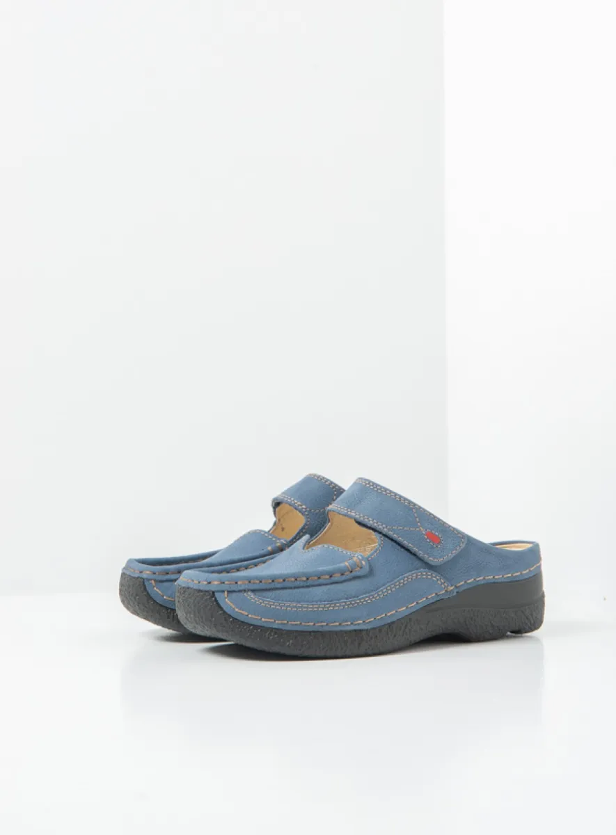 Wolky Roll Slipper - Nubukleder jeansblau Clogs für damen