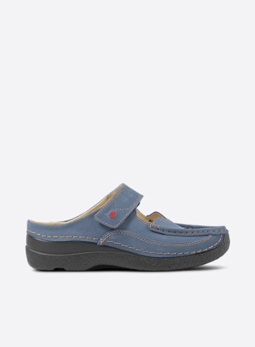 Wolky Roll Slipper - Nubukleder jeansblau Clogs für damen